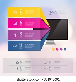 Colorful infographic design with realistic 3d computer with light bokeh wallpaper  can be used for workflow layout, diagram, chart, number options, web design.  Eps 10 stock vector illustration 