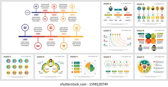 Colorful infographic design set for work process layout, annual report, slide, web. Business and statistics concept with timeline chart, flow diagram, pie, and percentage charts.