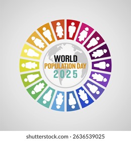 Colorful infographic design for World Population Day 2025 with global diversity icons in a pie chart. Diverse people figures forming a rainbow circle for World Population Day 2025 awareness.