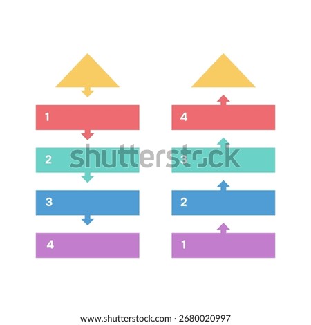 Colorful infographic diagram with process flows. Steps from 1 to 4 going up and down. Vector illustration