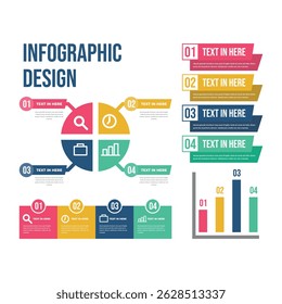 Colorful Infographic Elements for Data Presentation, Editable infographic templates with charts, steps, and icons in vibrant color