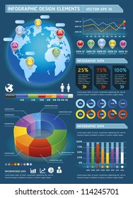 Colorful Infographic Elements With Global Map And Information Graphic. Vector Illustration