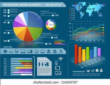 Colorful infographic elements with global map and information graphic. Vector illustration