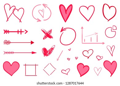 Colorful infographic elements isolated on white. Set of different indicator signs. Grungy hand drawn simple objects. Line art creation. Abstract colored arrows and shapes. Symbols for design