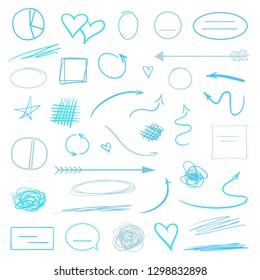 Colorful infographic elements isolated on white. Set of different indicator signs. Sketchy elements. Hand drawn frames and arrows. Abstract frameworks. Line art. Colored illustration