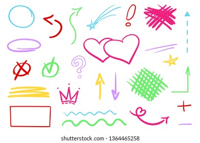 Colorful infographic elements isolated on white. Set of sketchy signs. Hand drawn simple shapes. Line art. Abstract arrows. Symbols for work