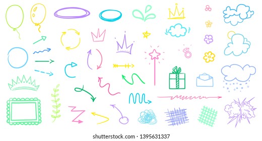 Colorful infographic elements isolated on white. Outline set of sketchy signs. Hand drawn simple things. Abstract arrows. Symbols for work