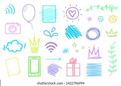 Colorful infographic elements isolated on white. Set of different things. Abstract signs. Hand drawn simple arrows. Line art. Geometric shapes. Sketchy symbols for your design