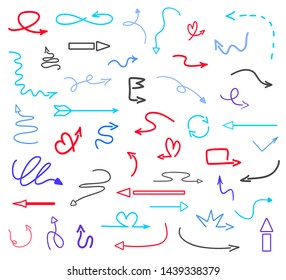 Colorful infographic elements isolated on white. Set of sketchy indicator signs. Hand drawn simple pointers. Line art. Abstract arrows. Symbols for work
