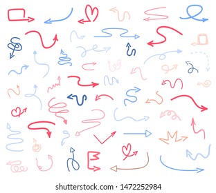 Colorful infographic elements isolated on white. Set of abstract arrows. Hand drawn simple pointers. Line art. Symbols for work