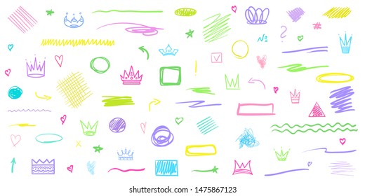Colorful infographic elements isolated on white. Set of abstract signs. Hand drawn symbols