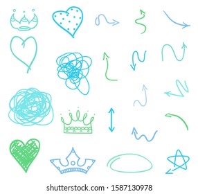 Colorful infographic elements on isolated white background. Hand drawn colored pointers on white. Abstract arrows. Set of different signs