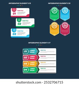 Conjunto de elementos infográficos coloridos. Pode ser usado para etapas, opções, processos de negócios, fluxo de trabalho, diagrama, conceito de fluxograma, linha do tempo, ícones de marketing, layout, banner e etc.