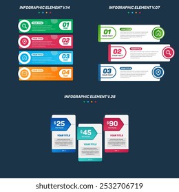 Colorido conjunto de elementos de infografía. Se puede utilizar para pasos, opciones, procesos de negocio, flujo de trabajo, diagrama, concepto de diagrama de flujo, línea de tiempo, íconos de marketing, diseño, Anuncio, etc.