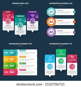 Colorful Infographic elements Set. Can be used for steps, options, business processes, workflow, diagram, flowchart concept, timeline, marketing icons, Layout, banner, and etc.