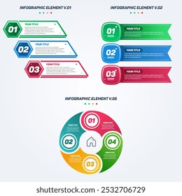 Colorido conjunto de elementos de infografía. Se puede utilizar para pasos, opciones, procesos de negocio, flujo de trabajo, diagrama, concepto de diagrama de flujo, línea de tiempo, íconos de marketing, diseño, Anuncio, etc.