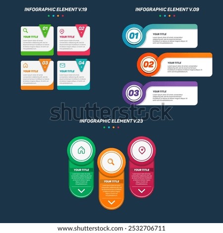 Colorful Infographic elements Set. Can be used for steps, options, business processes, workflow, diagram, flowchart concept, timeline, marketing icons, Layout, banner, and etc.