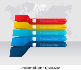Para la presentación de diseño de flujo de trabajo se puede utilizar una plantilla de elementos infográficos coloridos, un concepto de negocio 3D con 5 opciones, pasos o procesos y marketing.