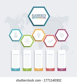 Colorful infographic elements template,3D hexagonal business concept with 5 options, steps or processes and marketing can be used for workflow layout presentation.