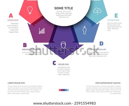 Colorful infographic features arrows pointing to icons and text areas, illustrating various sections. The design uses vibrant colors to visually separate the parts distinctly.