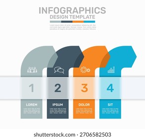 Infografía colorida con cuatro secciones numeradas, iconos y texto de marcador de posición para negocios, flujo de trabajo o presentaciones. Ilustración vectorial.