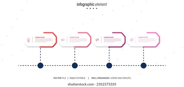 Colorful infographic geometrics steps. Modern 4 steps infographic layout presentation. Orange, blue, purple, and green color options.
