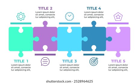 A colorful infographic illustrating a five-step process represented by five puzzle pieces fitting together