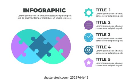 Um infográfico colorido que ilustra um processo de cinco etapas representado por peças de quebra-cabeças que se encaixam