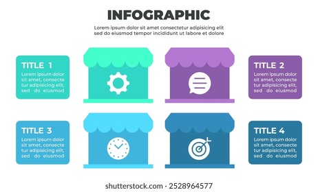 A colorful infographic illustrating a four-step process represented by four store and icons
