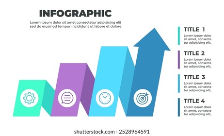 Una infografía colorida que ilustra un proceso de cuatro pasos representado por cuatro flechas ascendentes