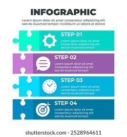 A colorful infographic illustrating a four-step process represented by four puzzle pieces arranged verticall