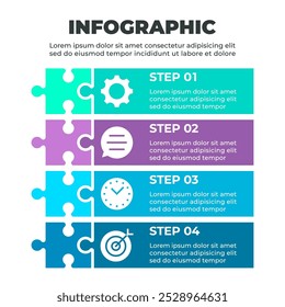 A colorful infographic illustrating a four-step process represented by four puzzle pieces arranged verticall