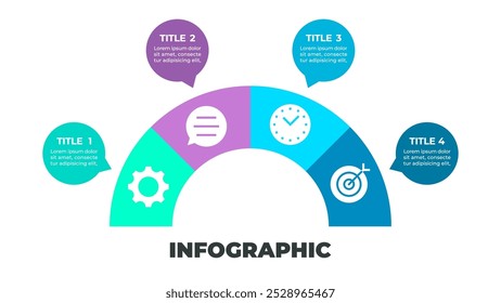 A colorful infographic illustrating a four-step process represented by four speech bubbles arranged in a semi-circular shape