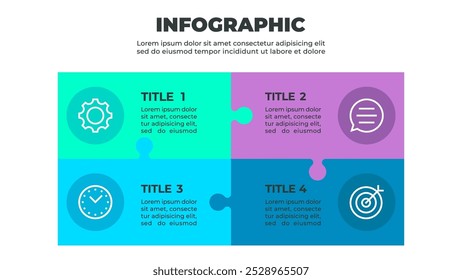 Una infografía colorida que ilustra un proceso de cuatro pasos representado por cuatro piezas de rompecabezas dispuestas en forma cuadrada