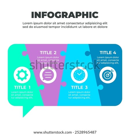 A colorful infographic illustrating a four-step process represented by four puzzle pieces arranged in a horizontal row