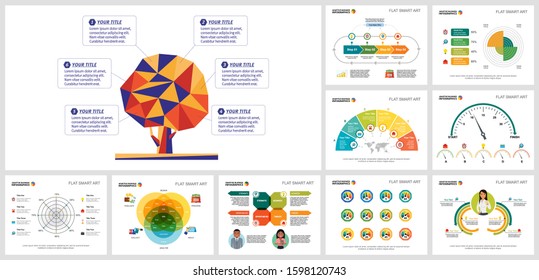 Colorful infographic layout set for work flow template, annual analysis, presentation, site. Business and analyzation concept with process diagram, cycle, radial, and percentage charts