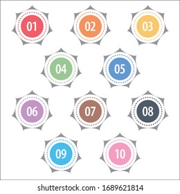 Colorful info-graphic numbers can be use to create presentation. Bullet points numbers one to ten. Pointed corner shape vector numbers.