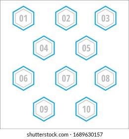 Colorful info-graphic numbers can be use to create presentation. Bullet points numbers one to ten. Pointed corner hexagon shape vector numbers.