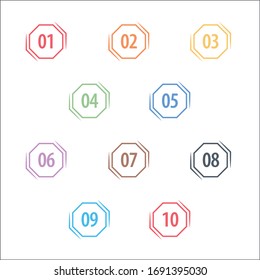 Colorful info-graphic numbers can be use to create presentation. Bullet points numbers one to ten. Octagon shape vector numbers.