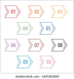 Colorful info-graphic numbers can be use to create presentation. Bullet points numbers one to ten. Arrow shape vector numbers.
