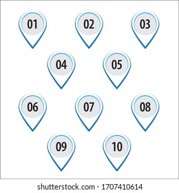 Colorful info-graphic numbers can be use to create presentation. Bullet points numbers one to ten. Location shape vector numbers.