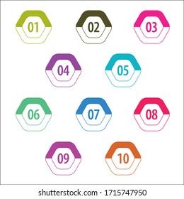 Colorful info-graphic numbers can be use to create presentation. Bullet points numbers one to ten. Hexagon shape vector numbers.