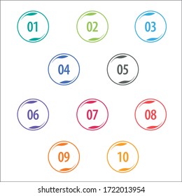 Colorful info-graphic numbers can be use to create presentation. Bullet points numbers one to ten. Round shape vector numbers.