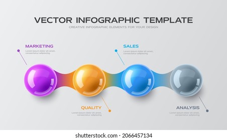 Colorful infographic presentation with 4 points. Glossy balls as points. Statistics graphic visualization.