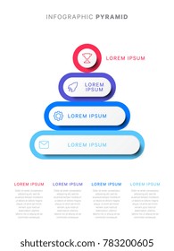 colorful infographic pyramid with four levels, 3d elements with shadows, one line icons and text blocks