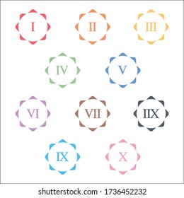 Colorful info-graphic roman numbers can be use to create presentation. Bullet points roman numbers one to ten. Round shape vector numbers.