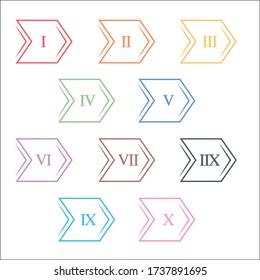 Colorful info-graphic roman numbers can be use to create presentation. Bullet points roman numbers one to ten. Arrow shape vector numbers.