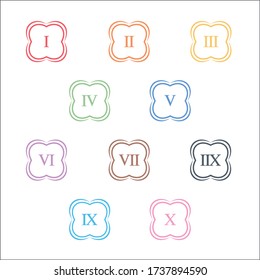 Colorful info-graphic roman numbers can be use to create presentation. Bullet points roman numbers one to ten. Floral shape vector numbers.