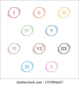 Colorful info-graphic roman numbers can be use to create presentation. Bullet points roman numbers one to ten. Octagon shape vector numbers.