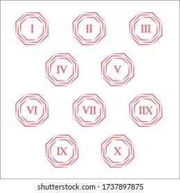 Colorful info-graphic roman numbers can be use to create presentation. Bullet points roman numbers one to ten. Octagon shape vector numbers.